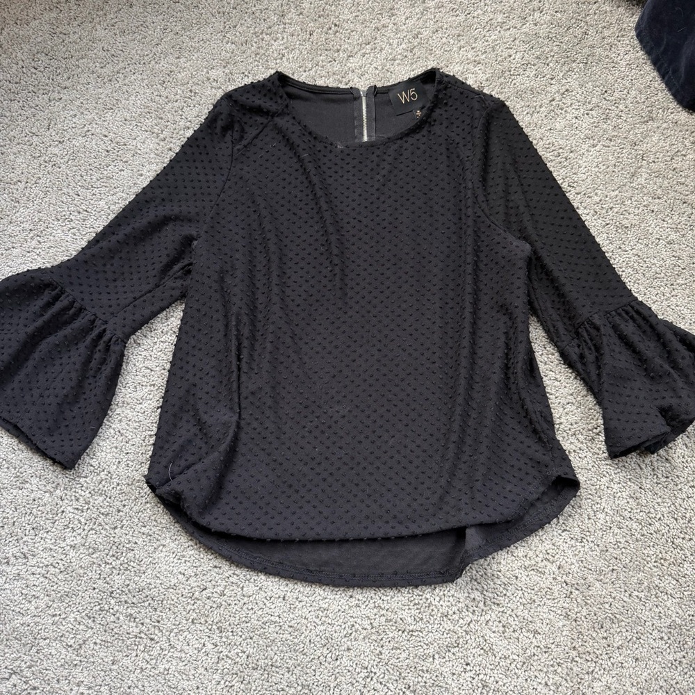 W5 Black Swiss Dot Bell Sleeve Blouse Size Medium